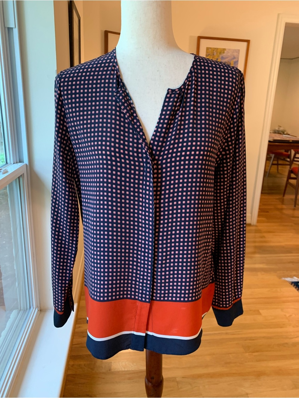 Ecru Navy & Pink Geometric Print Blouse Orange Border Trim Long Sleeve Size M